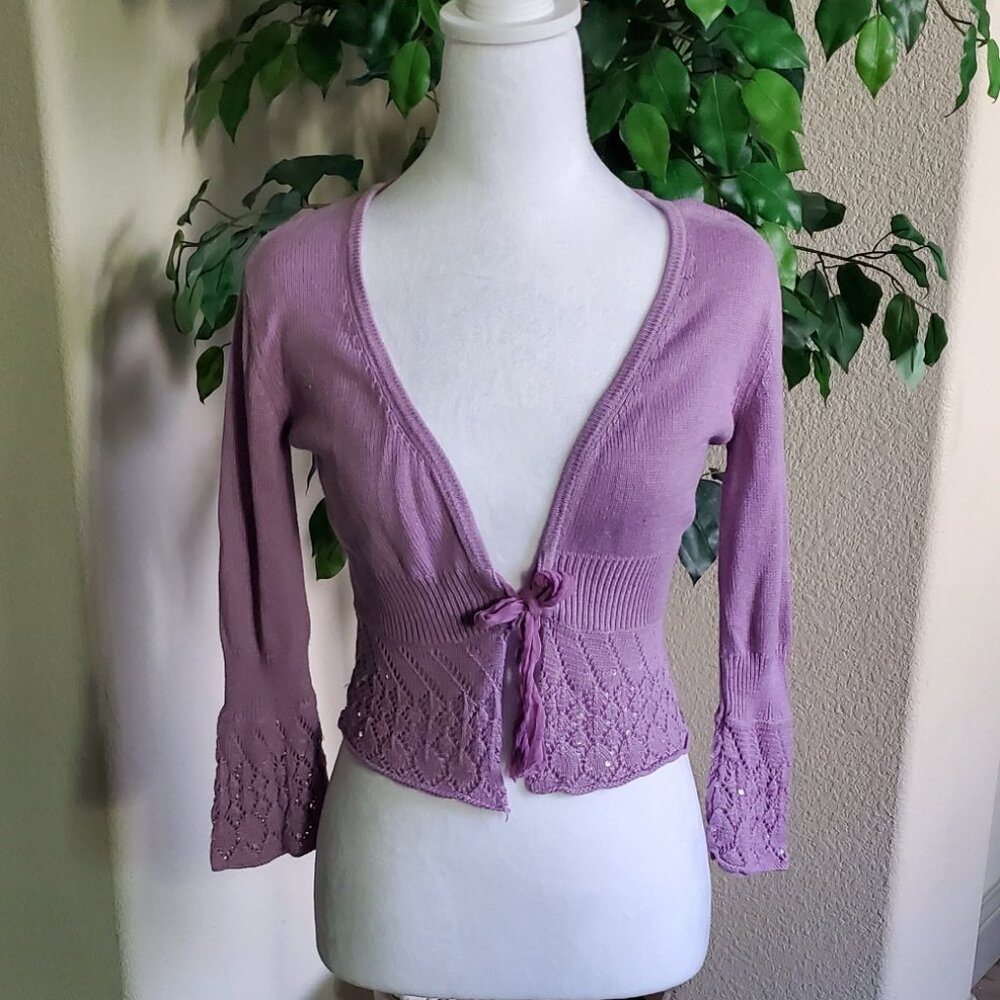 Lilac Tie-Front Knit Cardigan Sweater